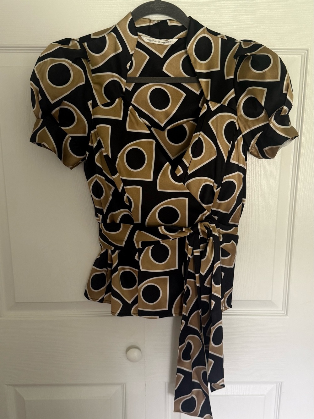 Diane Von Furstenberg Black & Gold Geometric Wrap Blouse